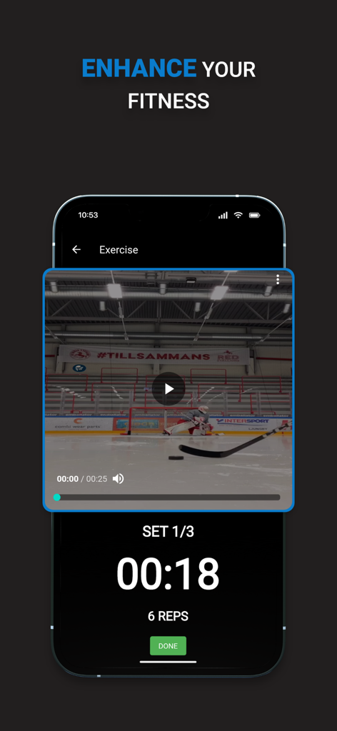 A screen from the Connect Hockey app showing a fitness drill for hockey goalies