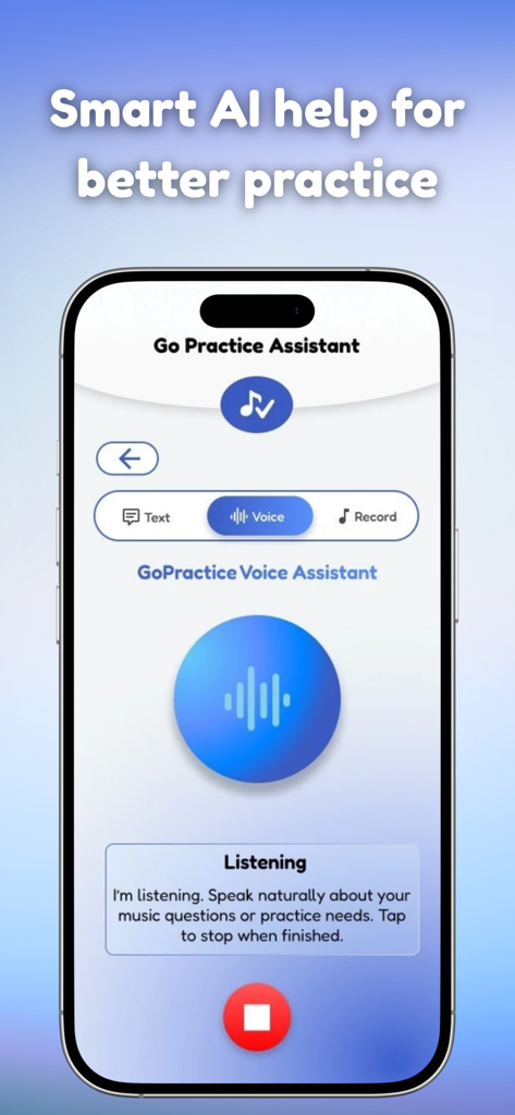 Go Practice Music - Interface do aplicativo Go Practice Music mostrando seu assistente de voz inteligente de IA para suporte à prática musical.