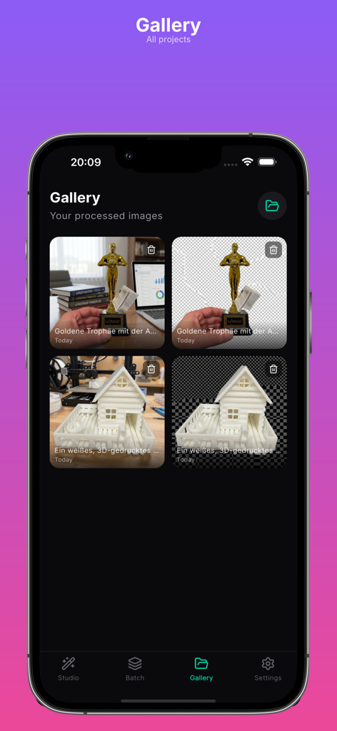 Backdrop AI - Galería de la aplicación Backdrop AI que muestra imágenes de productos procesadas con resultados de eliminación de fondos de IA