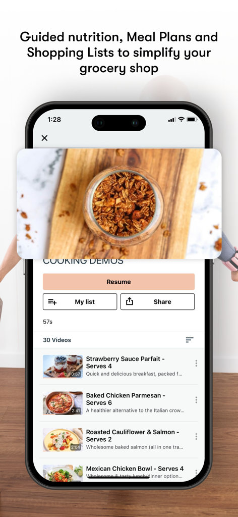Pilates Project - Pantalla de la aplicación Pilates Project mostrando demostraciones de cocina y planes de comidas saludables