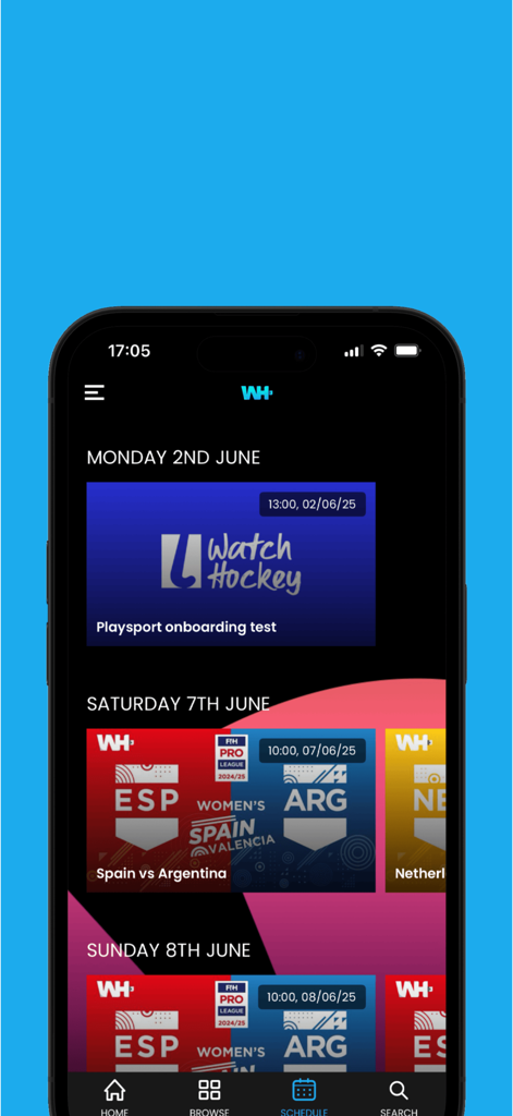 Watch Hockey - The schedule view of the Watch Hockey app showing a list of upcoming FIH Pro League field hockey matches like Spain versus Argentina.