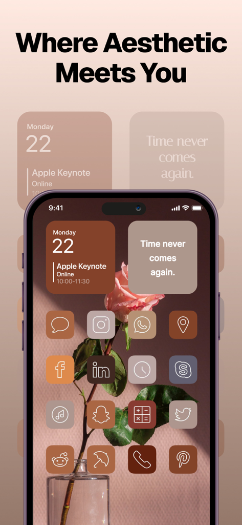 Icon Themer:App Skin – Naricon - iPhone home screen with custom brown icons and aesthetic widgets over a rose wallpaper