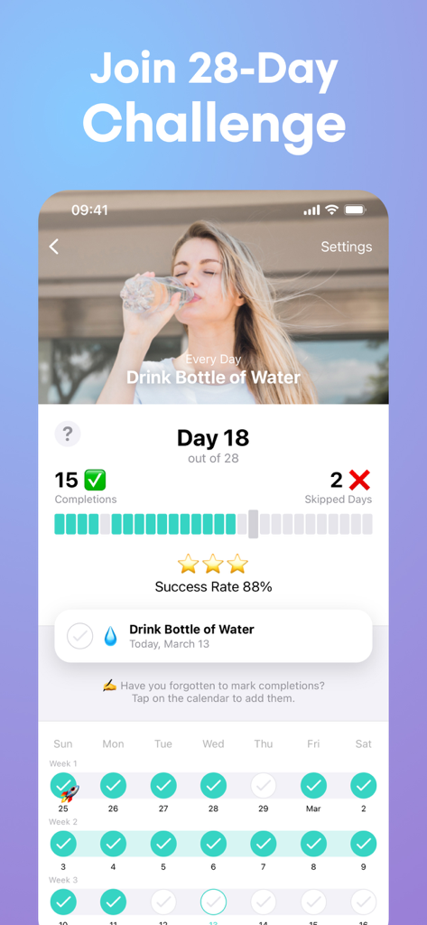 Better Weight app screen showing a 28-day water intake challenge with progress tracking and success rate