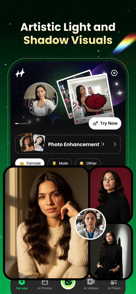 HeyStar AI photo editor app interface displaying artistic lighting and shadow visuals on portraits