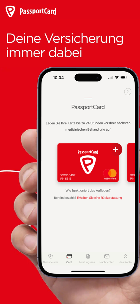 PassportCard Assist mobile app showing a digital insurance card for cashless medical payments on a smartphone