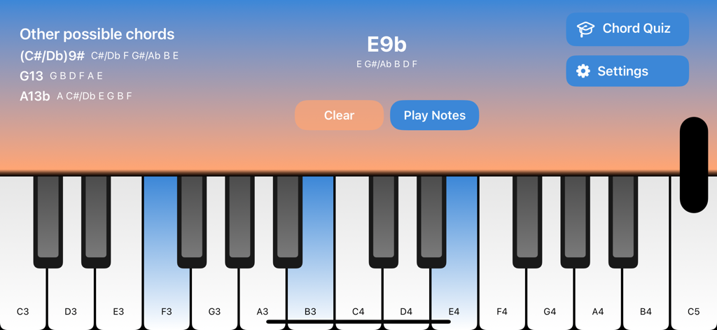Interface de aplicativo móvel apresentando um teclado de piano com notas selecionadas identificando um acorde de Mi com sétima e nona bemol