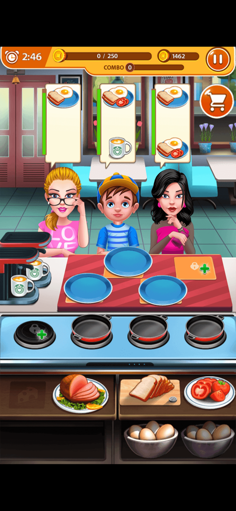 Cooking Chef - Food Fever - Gameplay de Cooking Chef Food Fever montrant la préparation du petit-déjeuner et le service client