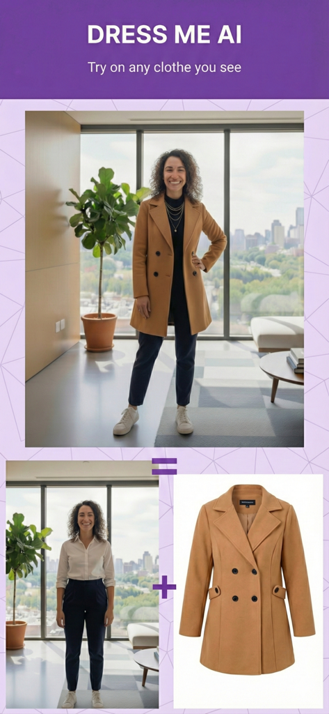Dress Me AI - Outfits Try On - A visual demonstration of the virtual try on feature showing how a tan coat is applied to a woman's photo using AI