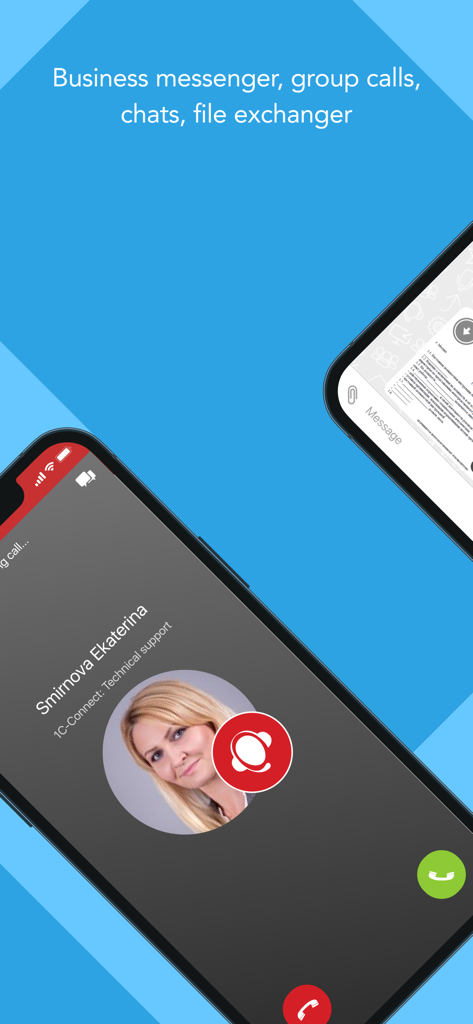 Interfaz de la aplicación 1C-Connect que muestra una llamada de soporte técnico entrante y funciones de mensajería profesional