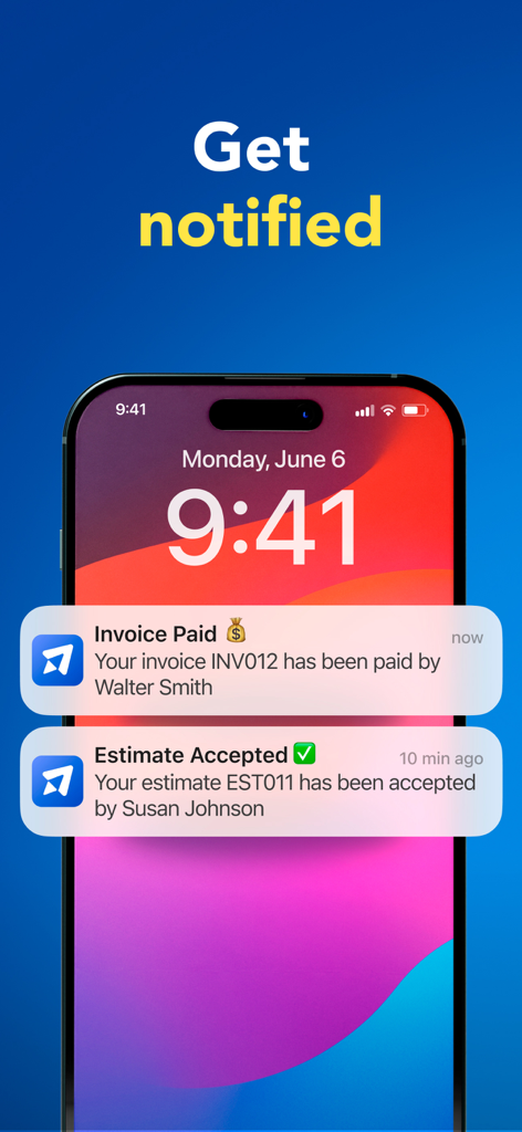 iPhone screen showing Invoice Fly push notifications for a paid invoice and an accepted estimate