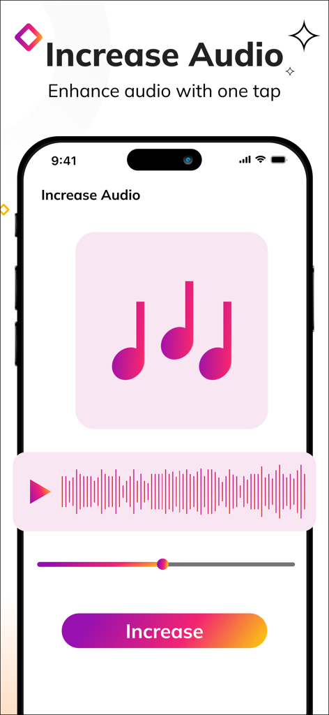 SnapTube-App-Oberfläche zur Erhöhung und Verbesserung der Audioqualität mit einem einfachen Schieberegler und Button.