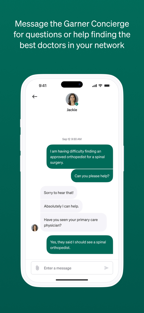 Garner Health - In-app chat interface of Garner Health showing a conversation with a concierge representative named Jackie helping a user find an orthopedist.
