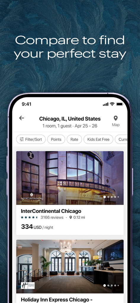 Tela do aplicativo IHG One Rewards mostrando resultados de pesquisa de hotéis para Chicago com tarifas e filtros