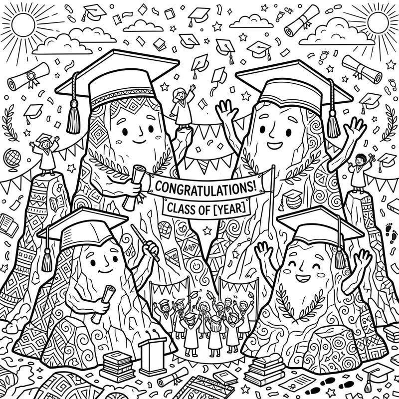 Commemorate a special achievement with our whimsical Buttes Graduation Day coloring page. These smiling geological formations, adorned in caps and gowns, are ready for your vibrant artistic touch.