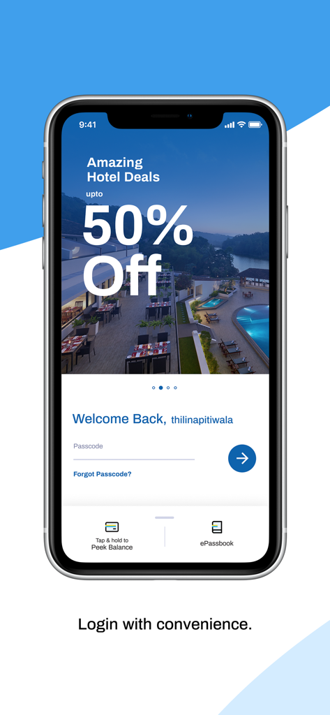 HNB Digital Banking - Écran de connexion de l'application HNB Digital Banking avec une bannière promotionnelle d'offres hôtelières et un champ de saisie de code d'accès.