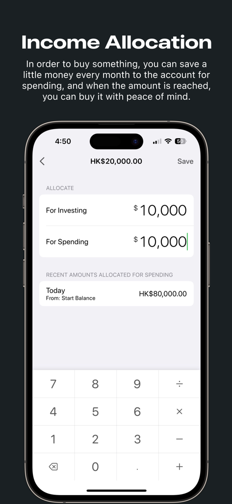 Money Zen: Expense Tracker - Money Zen app interface for allocating income into spending and investing categories