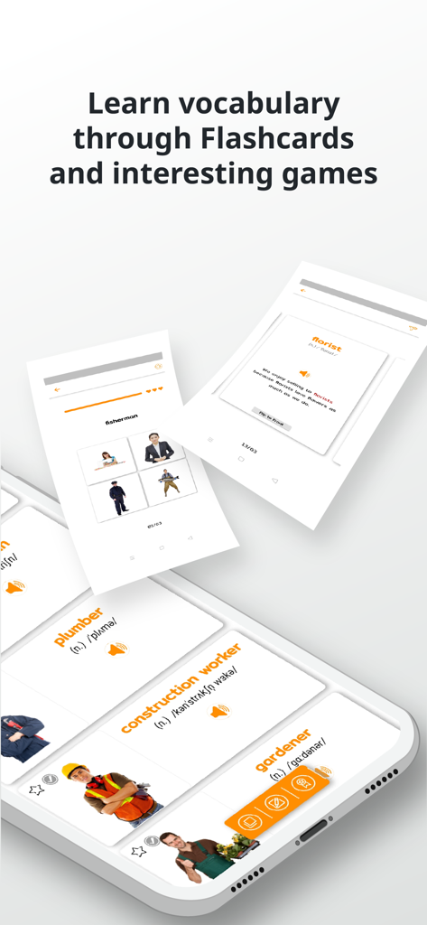 Interfaz de la aplicación de vocabulario inglés PORO mostrando tarjetas de memoria visuales y juegos para aprender palabras como fontanero y jardinero