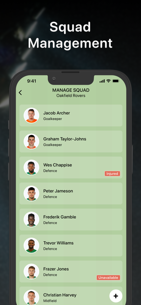 Teamsheet - Soccer Line Up - A mobile app screen showing a list of soccer players with their names, positions, and availability status.