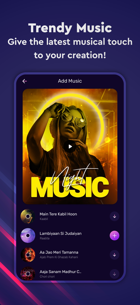 Photo to Video Maker With Song - Pixpoz app interface showing a list of trendy music and songs to add to a photo video creation.