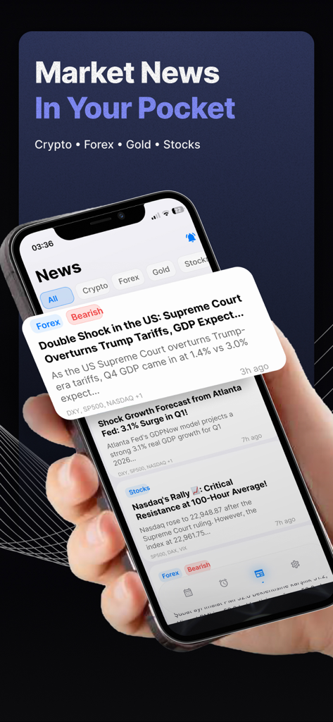 Economic Calendar: Market News - An iPhone screen displaying the market news feed for Forex, Crypto, and Stocks within the Economic Calendar app.
