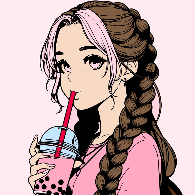 realistic girl with braided hair drinking boba