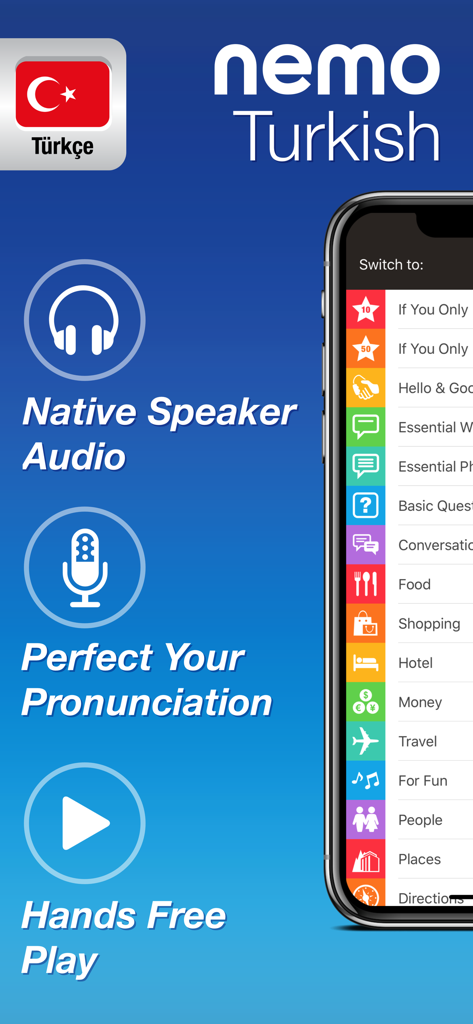 Turkish by Nemo - Turkish by Nemo app interface highlighting native speaker audio and pronunciation features