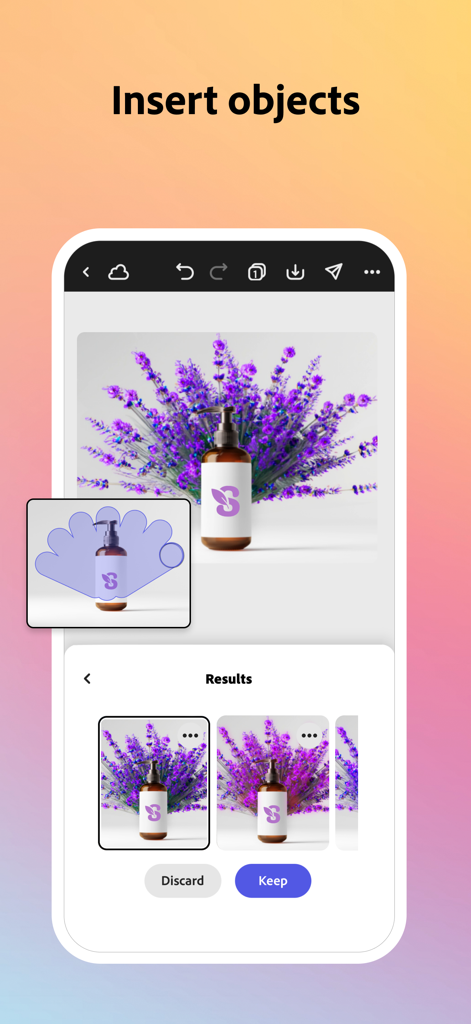Interface de l'application mobile Adobe Express démontrant le remplissage génératif par l'IA pour insérer des objets dans une photo de produit