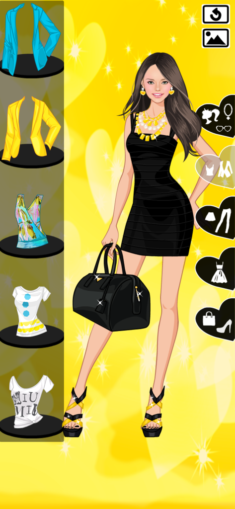 Beat the sun dress up game - A stylish girl character in a black dress with yellow jewelry and handbag in a dress up game interface