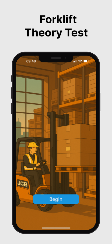 Forklift Theory Test 2025 - Home screen of the Forklift Theory Test app featuring a forklift operator in a warehouse environment