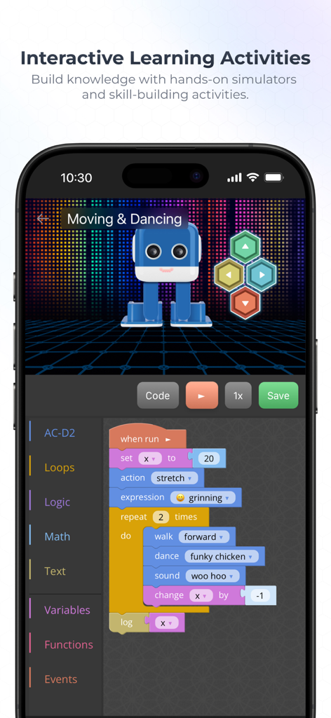 Acellus app screenshot showing an interactive coding activity with block programming and a blue robot character