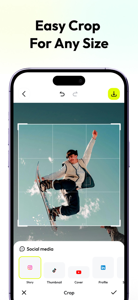 AnyEraser app interface showing easy image cropping for social media platforms like Instagram and TikTok