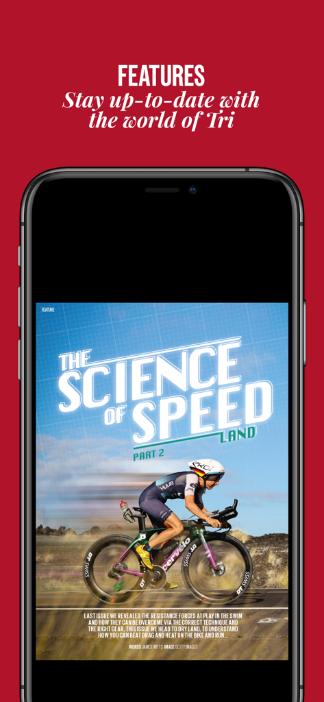 220 Triathlon Magazine - Screenshot of the 220 Triathlon Magazine app featuring a science of speed article with a professional triathlete on a bike