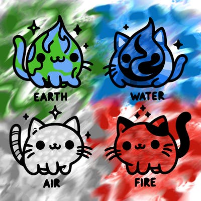 4 cats that represent the different elements, earth, water, air, and fire