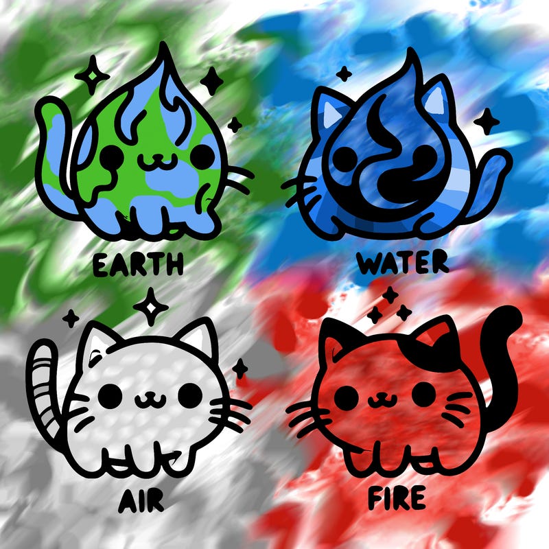 4 cats that represent the different elements, earth, water, air, and fire