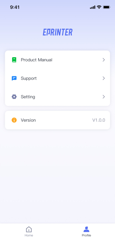 Das Profil- und Einstellungsmenü der ePrinter-App, das Support- und manuelle Optionen anzeigt