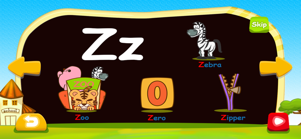 Phonics foundation - ABC Sound - Educational app screen for kids teaching the letter Z with illustrations of a zebra, zipper, zoo, and zero