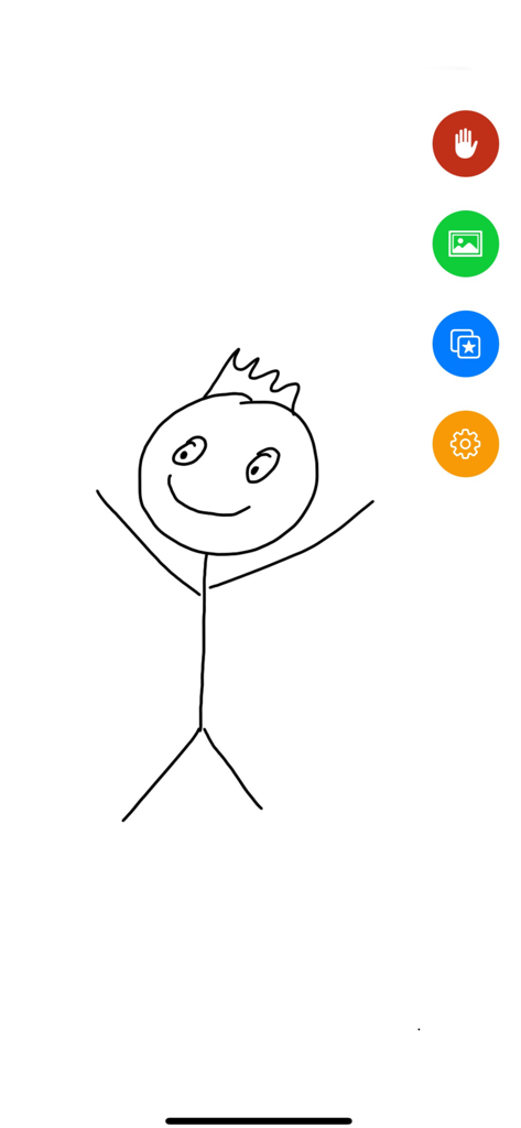 CoPi - Um boneco palito simples desenhado em uma tela branca dentro da interface de traçado do aplicativo CoPi com botões coloridos do menu.