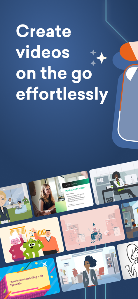 Vyond app promotional screen featuring the text Create videos on the go effortlessly and a collage of animated and photorealistic video scenes.