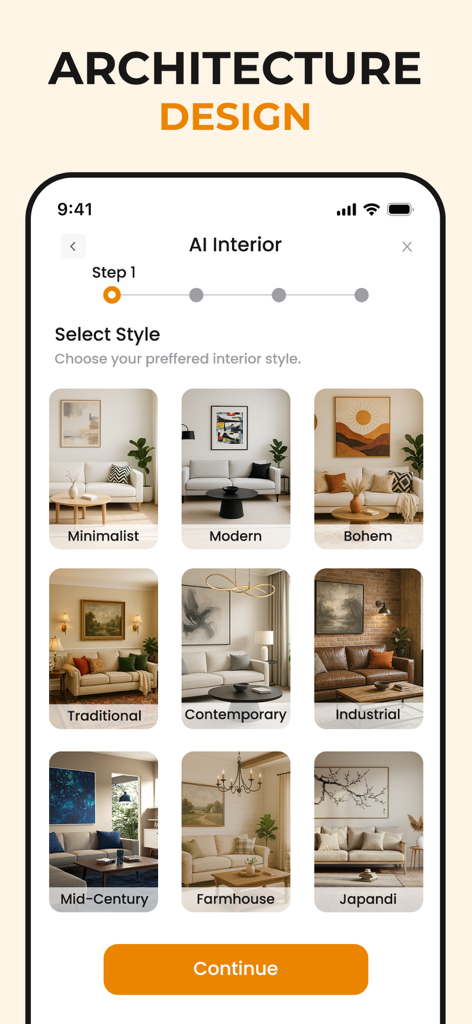 Mobile app screen showing various interior design styles like Minimalist Modern and Farmhouse to choose from
