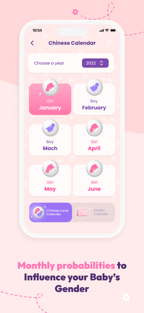 Una pantalla de móvil mostrando la función del Calendario Chino para la predicción del género del bebé en la app Ovulio Baby.
