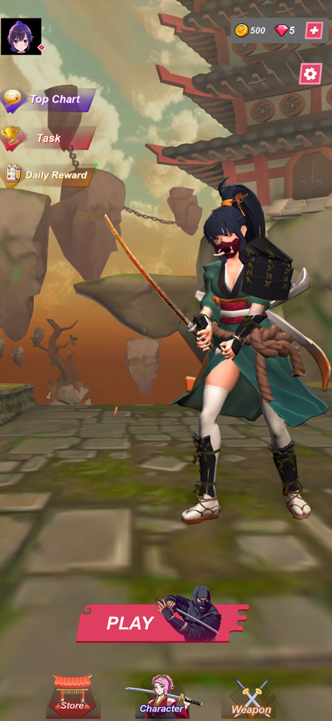 Ninja Games - Stickman Games - Personaje ninja femenino de anime sosteniendo una espada en la pantalla principal del juego