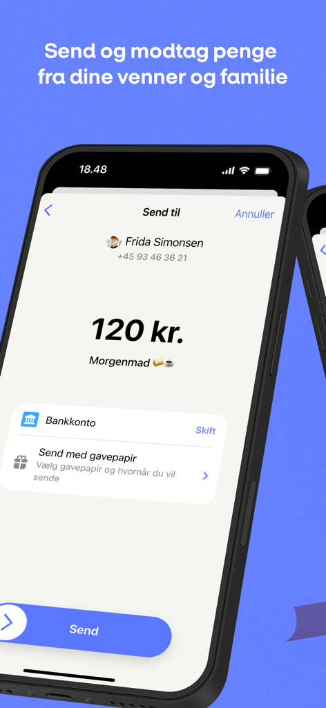 MobilePay - Capture d'écran de l'application MobilePay montrant un transfert d'argent de 120 couronnes pour le petit-déjeuner à un ami