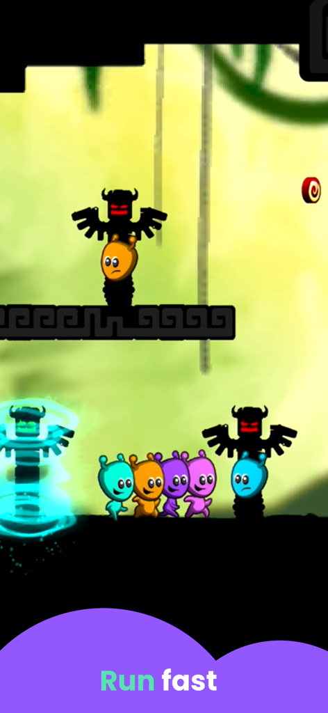 Monster Games: for Kids - 플랫포머 미니 게임에서 빛나는 파란색 스타게이트 포털을 향해 달리는 다채로운 외계인 캐릭터들.