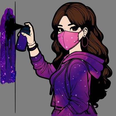 realistic girl with mask spray painting a wall