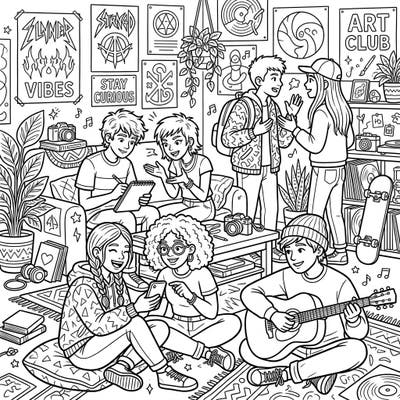 Capture the essence of friendship and creativity with this vibrant coloring page featuring a group of diverse teenage friends. Explore a detailed scene brimming with artistic expression, music, and shared moments.