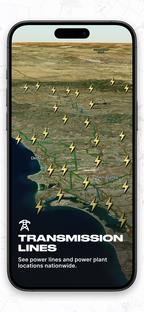 Land id app interface showing nationwide power transmission lines and power plant locations on a 3D terrain map.