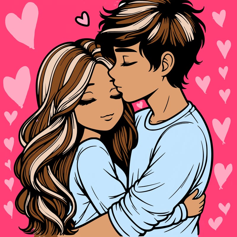 a realistic couple boy and girl hugging and kissing