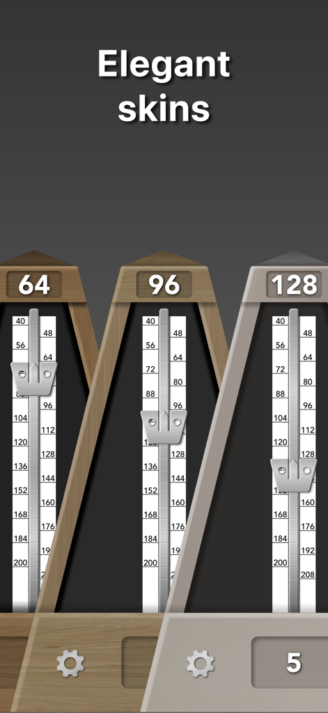 True Metronome - Três elegantes peles de metrônomo mecânico com texturas de madeira e metal.