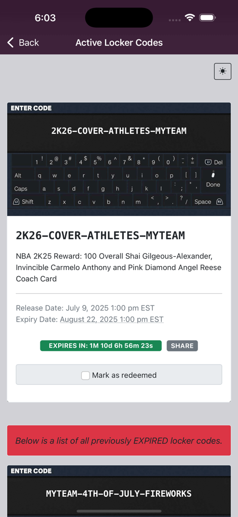 Locker Codes - Screenshot der Locker Codes App, die aktive NBA 2K-Belohnungen und Ablauf-Timer anzeigt.
