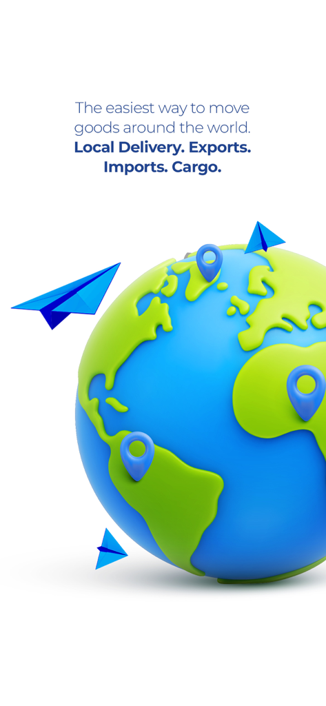 Topship - Schermata dell'app Topship con un globo 3D e aeroplanini di carta per i servizi di consegna internazionali